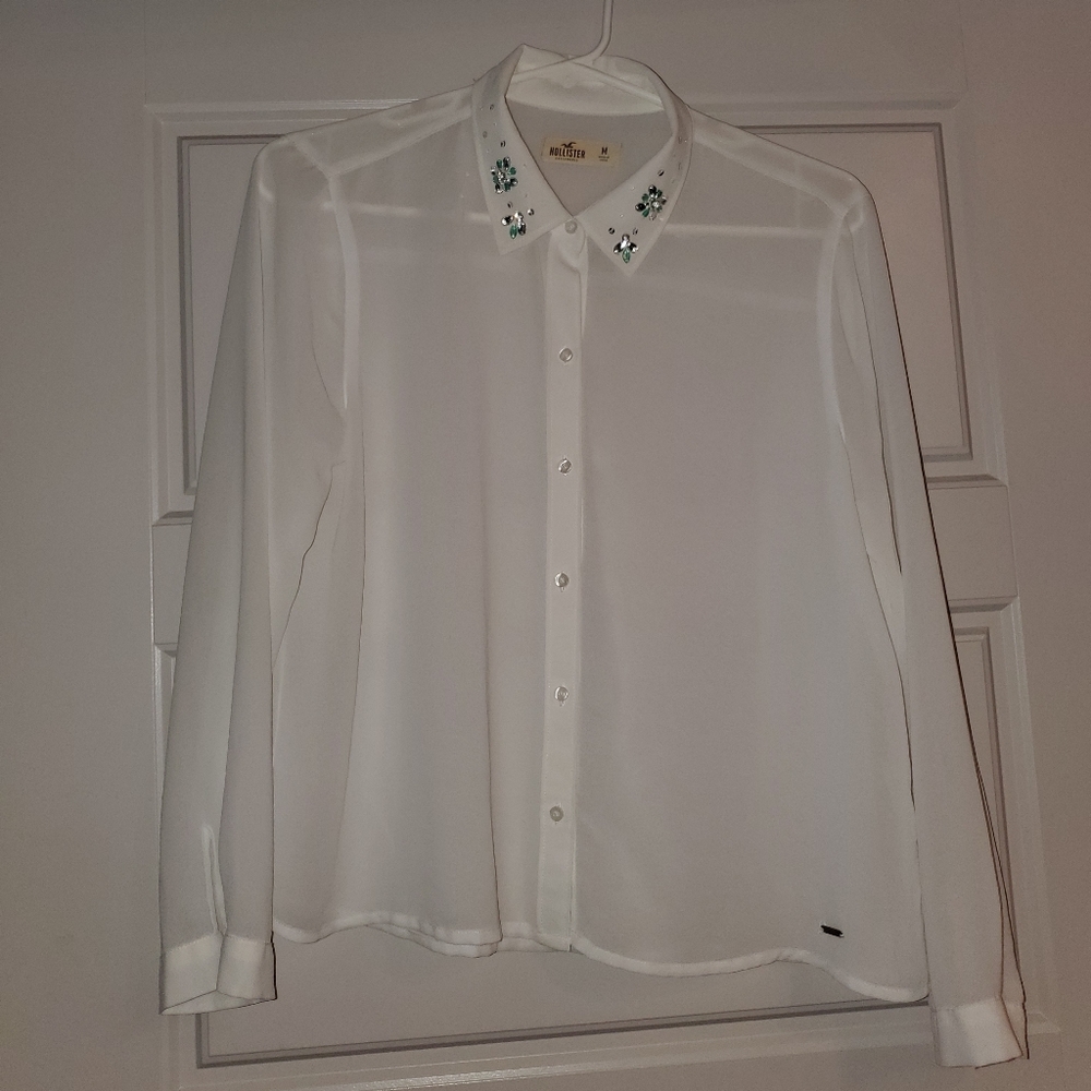 Sheer white collared long sleeved blouse